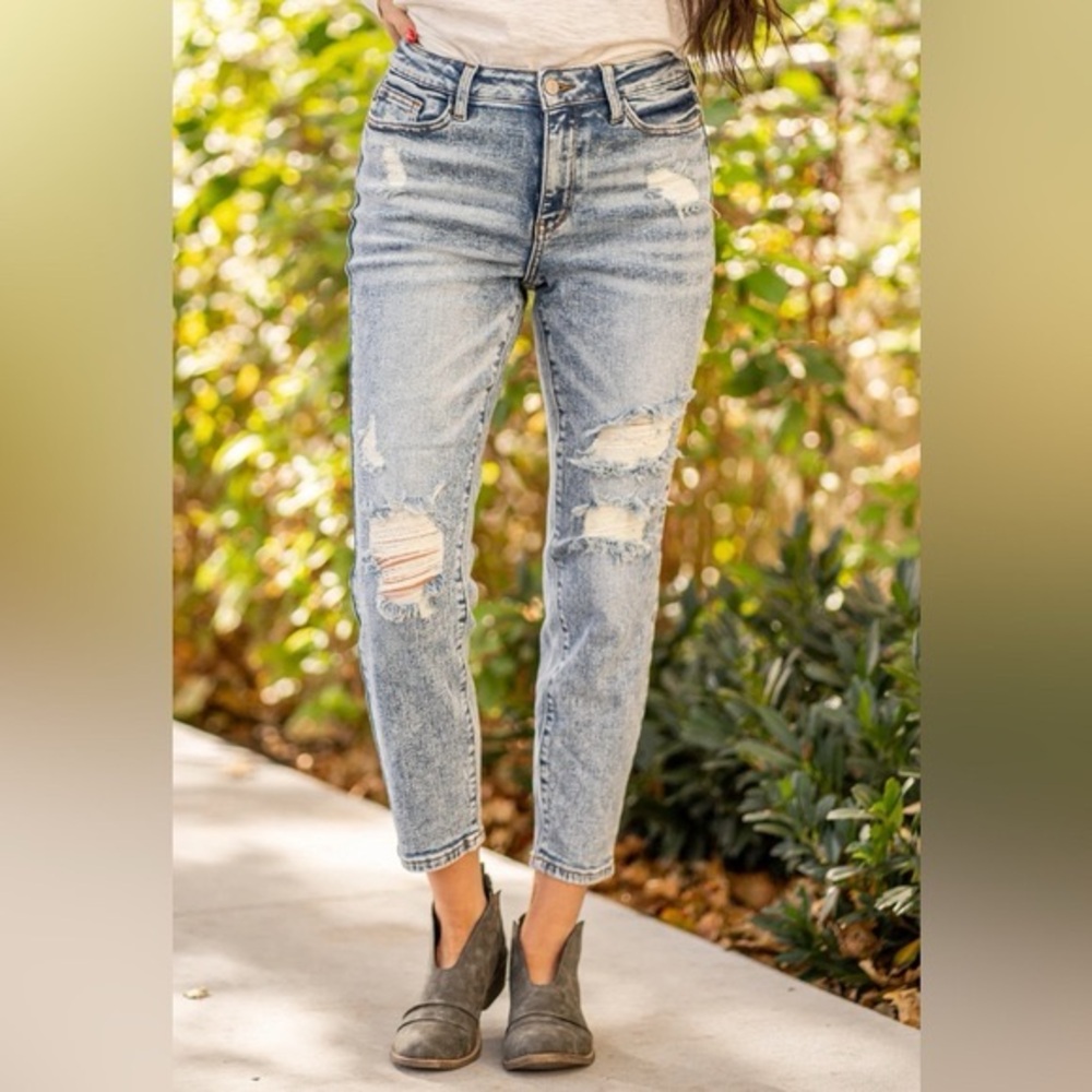 Judy Blue Acid Washed Distressed Boyfriend Jeans High Waist Size 1/25 NWT
